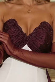 V-Neck Strapless Beaded Top Mermaid Satin Party Prom Dress With Train