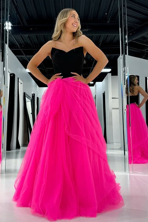 V-Neck Strapless Chiffon A-Line Tulle Party Prom Dress
