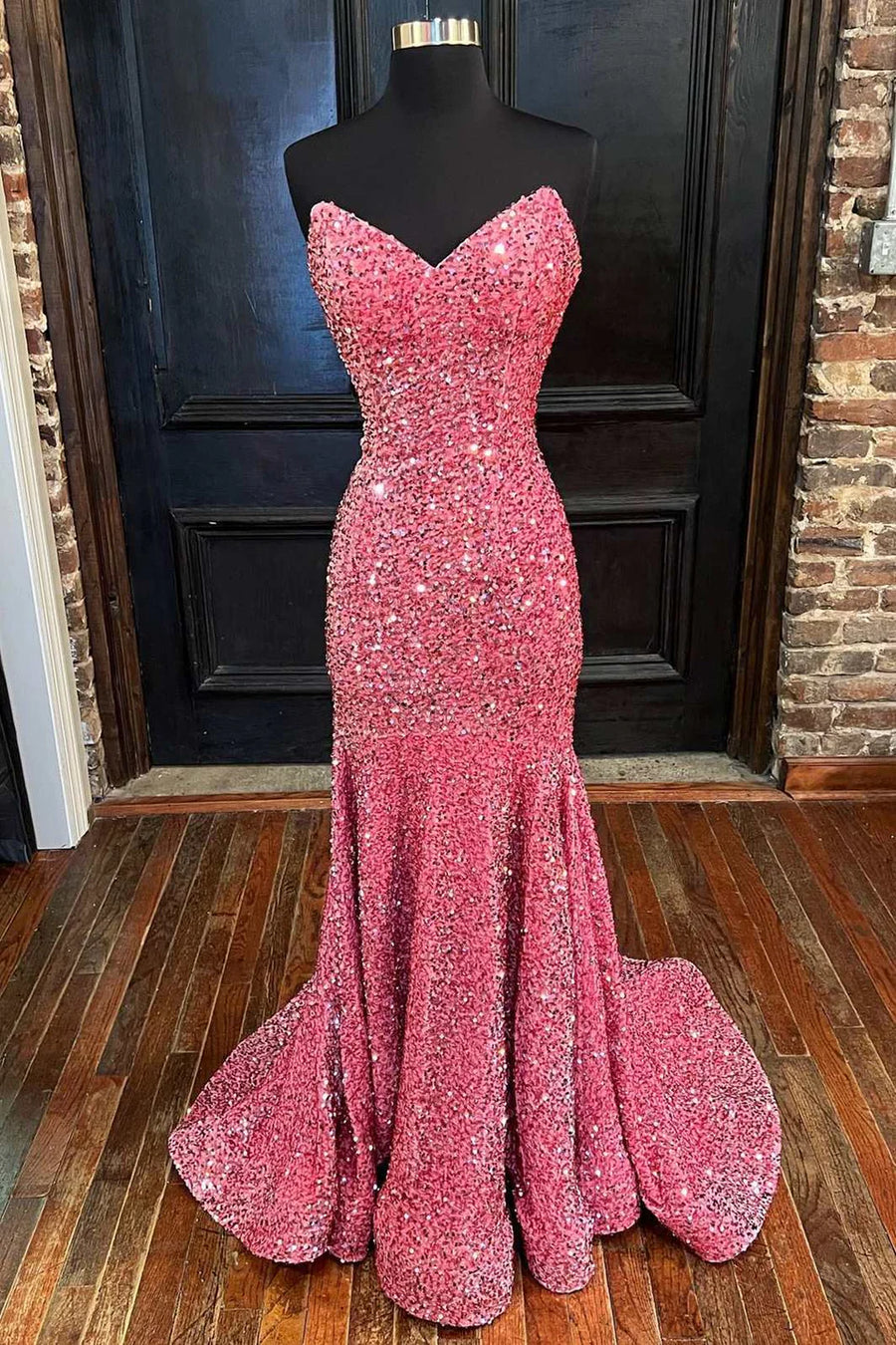 V-Neck Strapless Empire Mermaid Sequins Long Formal Prom Dress