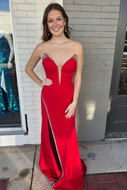 V-Neck Strapless Empire With Side Slit Beaded Prom Dress