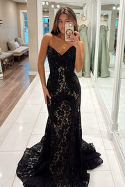 V-Neck Strapless Open Back Lace Mermaid Party Prom Dress