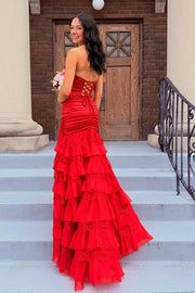 V-Neck Strapless Pleated Chiffon And Lace Tiered Party Prom Dress