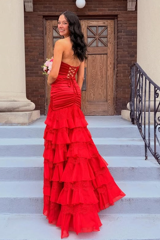 V-Neck Strapless Pleated Chiffon And Lace Tiered Party Prom Dress