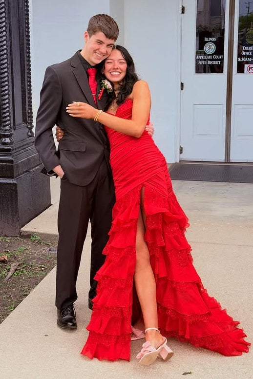 V-Neck Strapless Pleated Chiffon And Lace Tiered Party Prom Dress