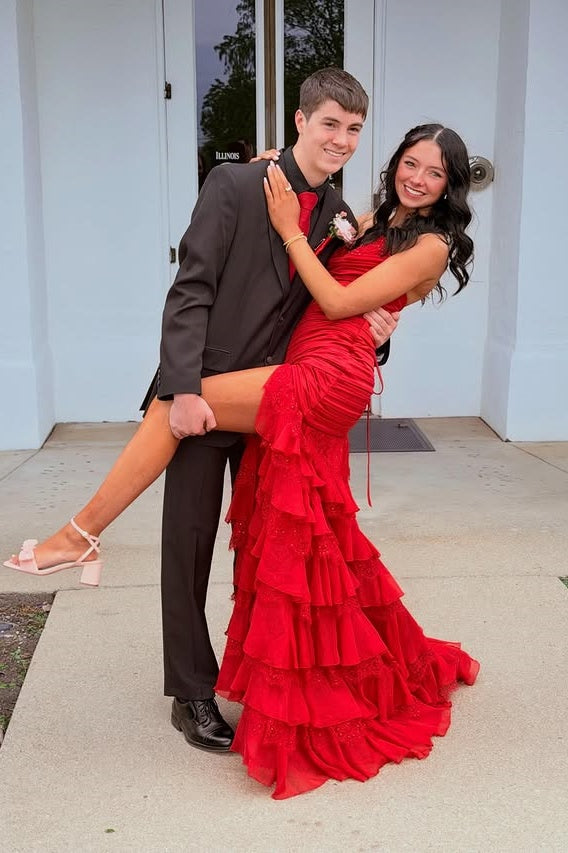 V-Neck Strapless Pleated Chiffon And Lace Tiered Party Prom Dress