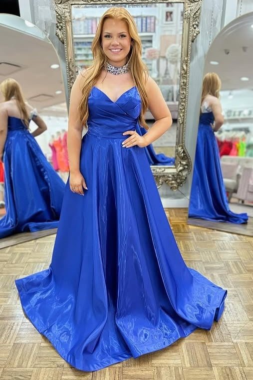 V-Neck Strapless Satin A-Line Long Party Prom Dress