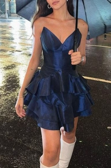 V-Neck Strapless Satin A-Line Tiered Mini Party Homecoming Dress