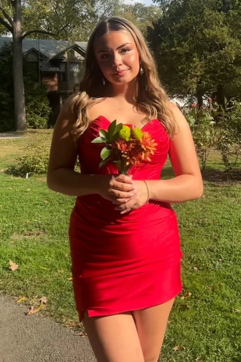 V-Neck Strapless Satin Fitted Empire Party Homecoming Dress
