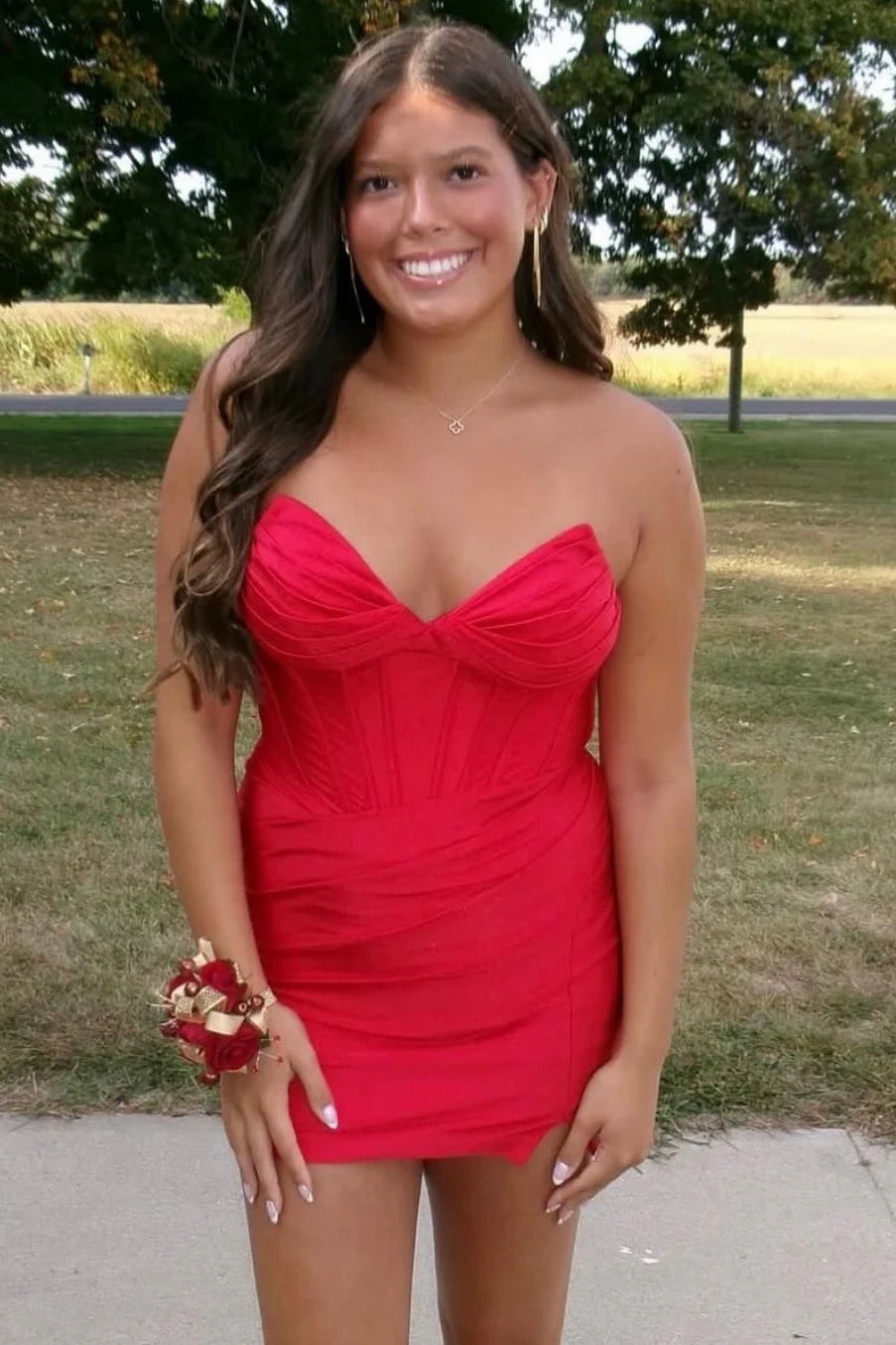 V-Neck Strapless Satin Fitted Empire Party Homecoming Dress