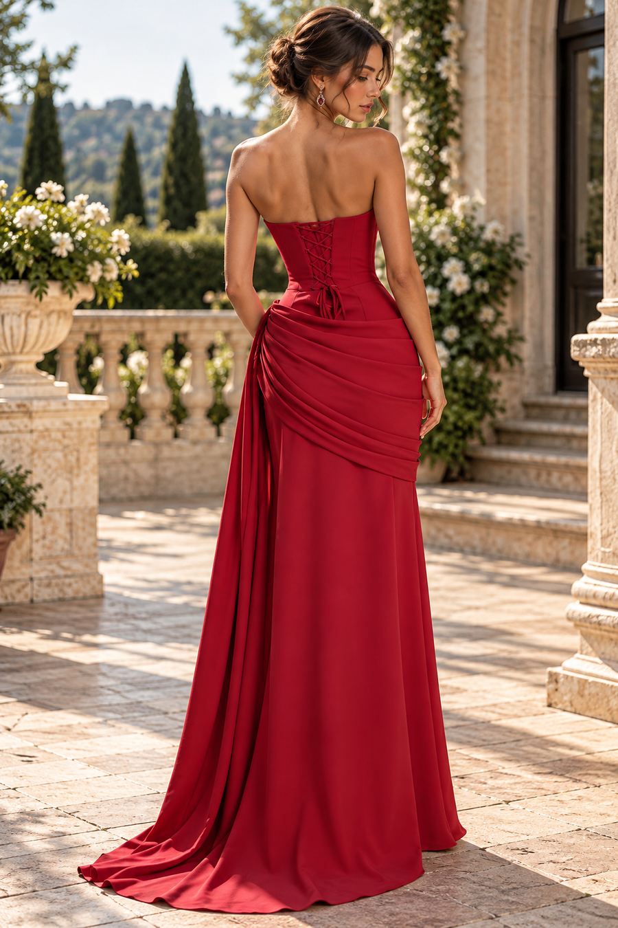 V-Neck Strapless Satin Fitted Ruched Empire Split Party Prom Dress