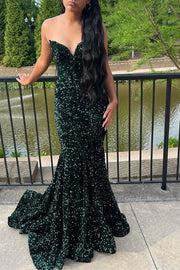 V-Neck Strapless Sequins Mermaid Long Party Prom Dress