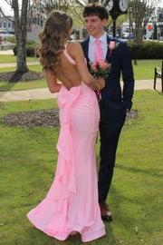 V-Neck Straps Backless Satin Mermaid Party Prom Dress With Bow