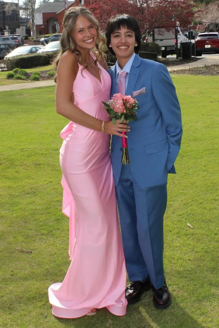 V-Neck Straps Backless Satin Mermaid Party Prom Dress With Bow