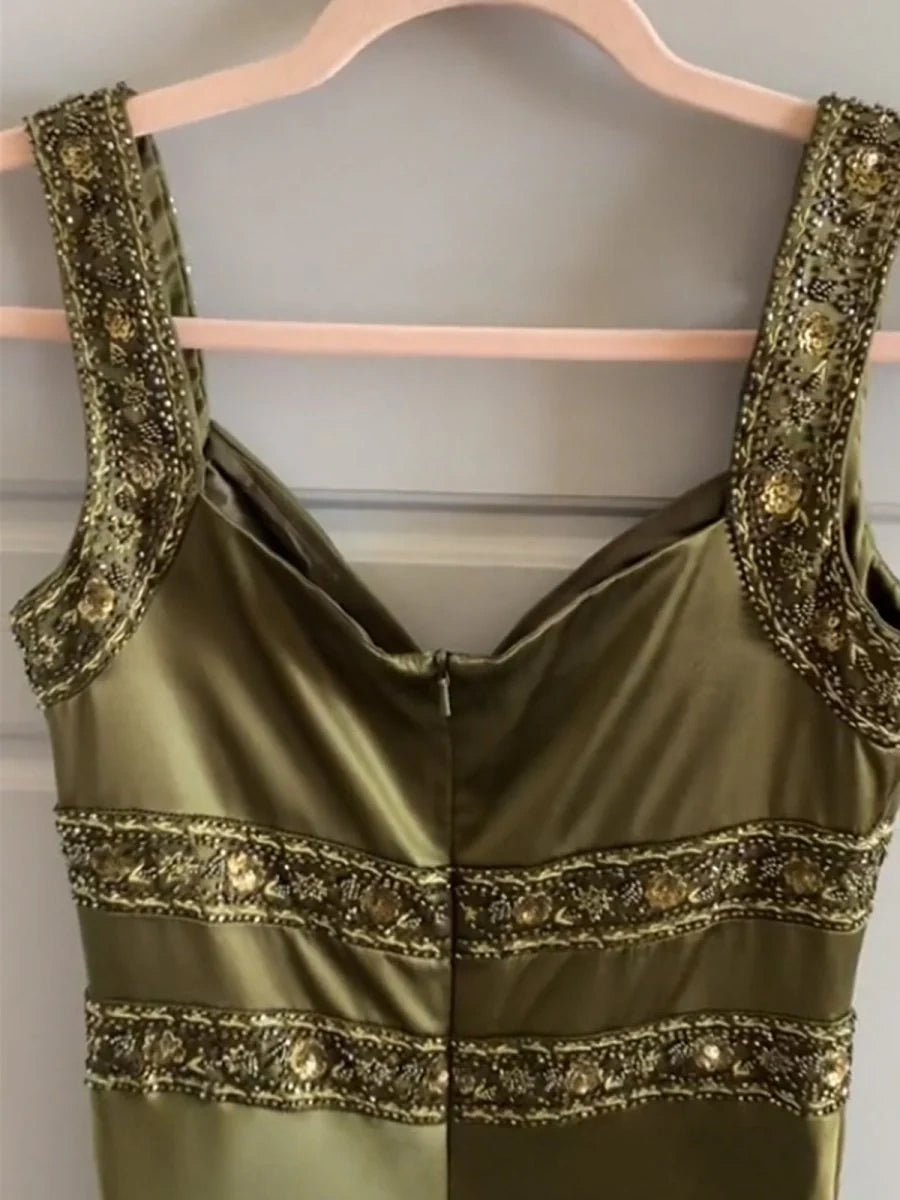 V-Neck Straps Empire A-Line Beaded Appliques Party Prom Dress