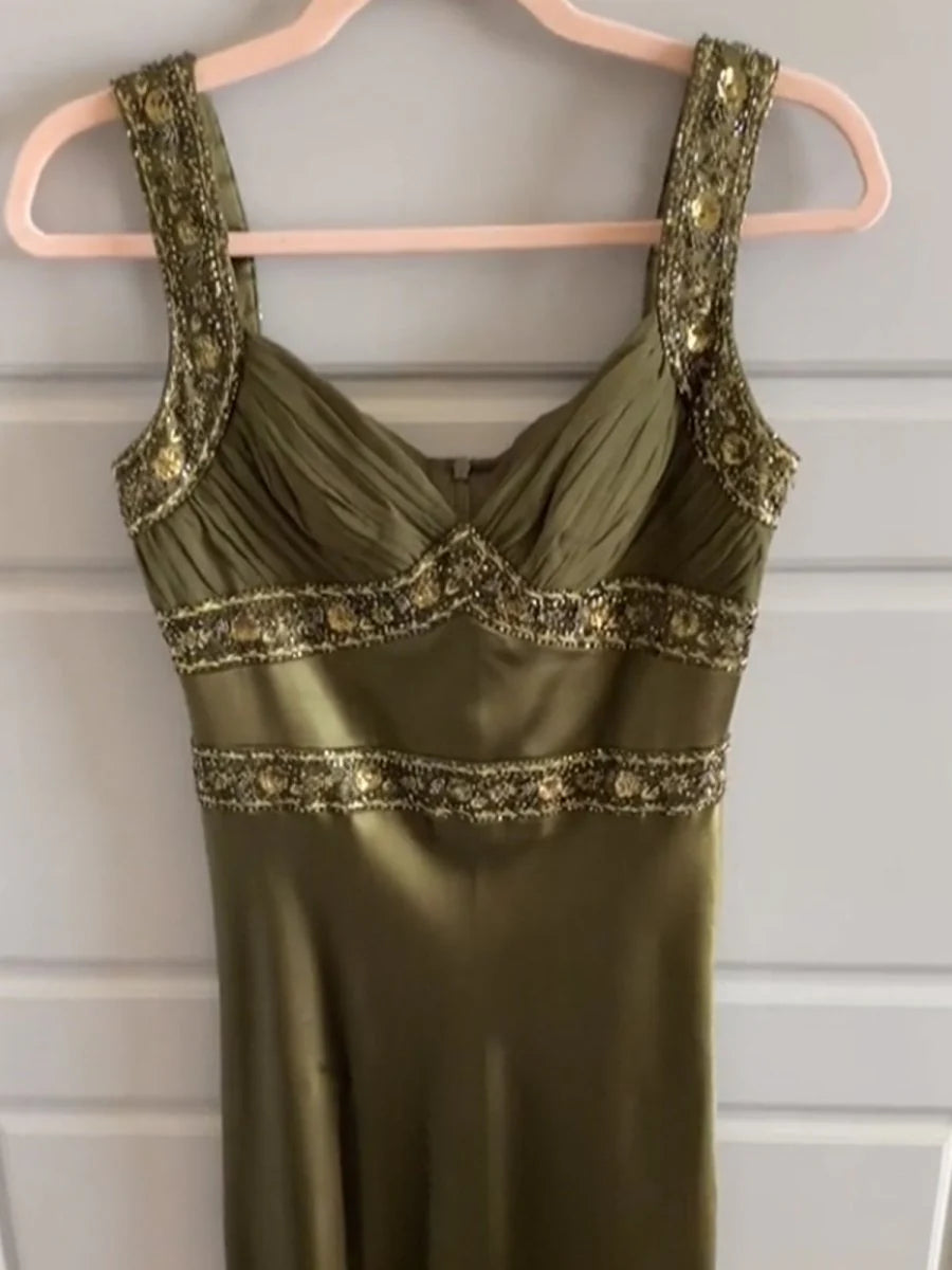 V-Neck Straps Empire A-Line Beaded Appliques Party Prom Dress