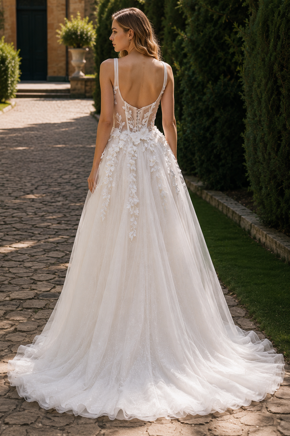 V-Neck Straps Open Back Lace Appliques Tulle A-Line Split Wedding Dress