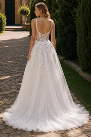 V-Neck Straps Open Back Lace Appliques Tulle A-Line Split Wedding Dress