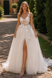 V-Neck Straps Open Back Lace Appliques Tulle A-Line Split Wedding Dress