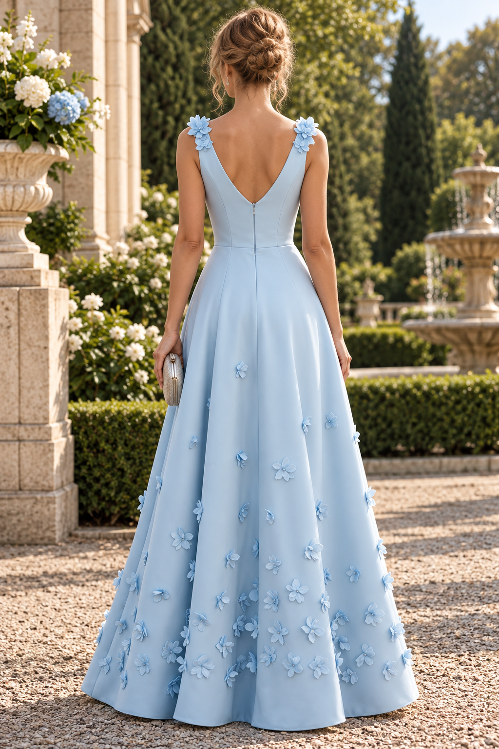 V-Neck Straps Satin A-Line V-Back Floral Appliques Maxi Party Prom Dress