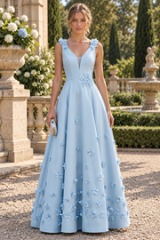 V-Neck Straps Satin A-Line V-Back Floral Appliques Maxi Party Prom Dress