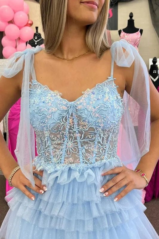 V-Neck Straps Tulle A-Line Appliques Tiered Long Party Prom Dress