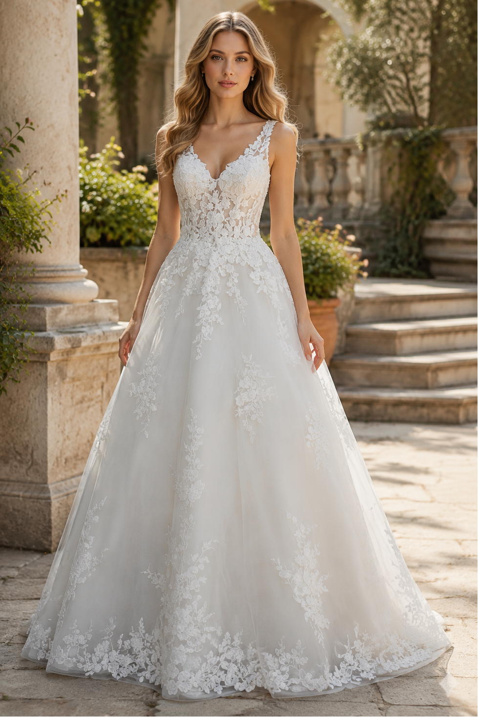 V-Neck Straps V-Back Empire Lace A-Line Modest Wedding Dress