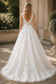 V-Neck Straps V-Back Empire Lace A-Line Modest Wedding Dress