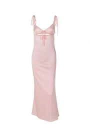 V-Neck Tie Straps Satin Fitted Long Party Prom Dress