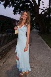 V-Neck Sleeveless Empire Satin Party Prom Dress With Ruffle Slit