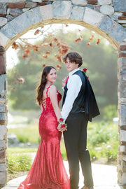 V-Neck Sleeveless Lace Up Mermaid Lace And Sequin Party Prom Dress