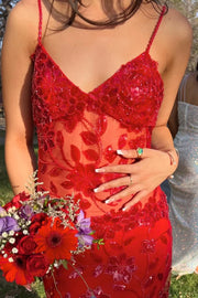 V-neck Sleeveless Fitted Lace Floral Party Prom Dress