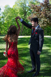 V-neck Sleeveless Fitted Lace Floral Party Prom Dress