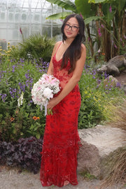 V-neck Sleeveless Fitted Lace Floral Party Prom Dress