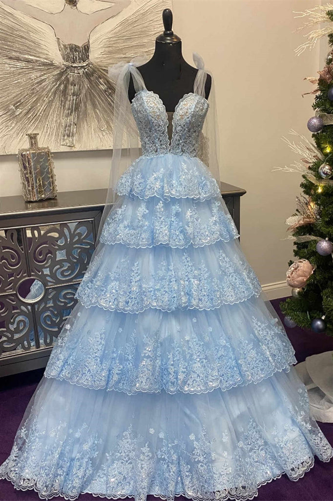 Light Blue Floral Appliques Bow Tie Straps A-line Long Prom Dress