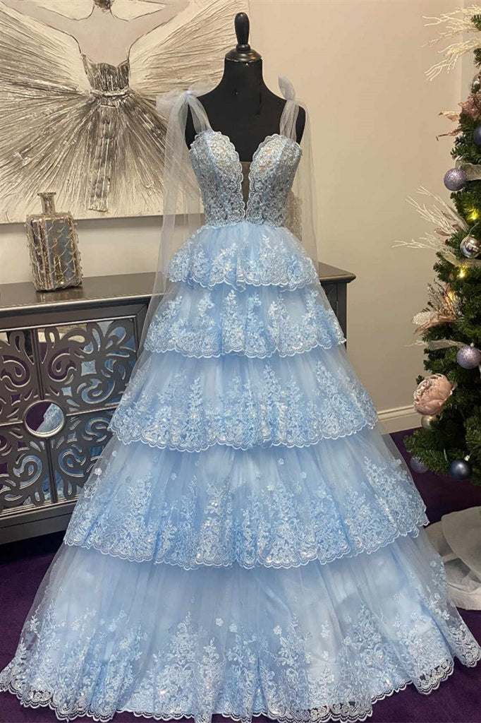 Light Blue Floral Appliques Bow Tie Straps A-line Long Prom Dress |  Joyofdress