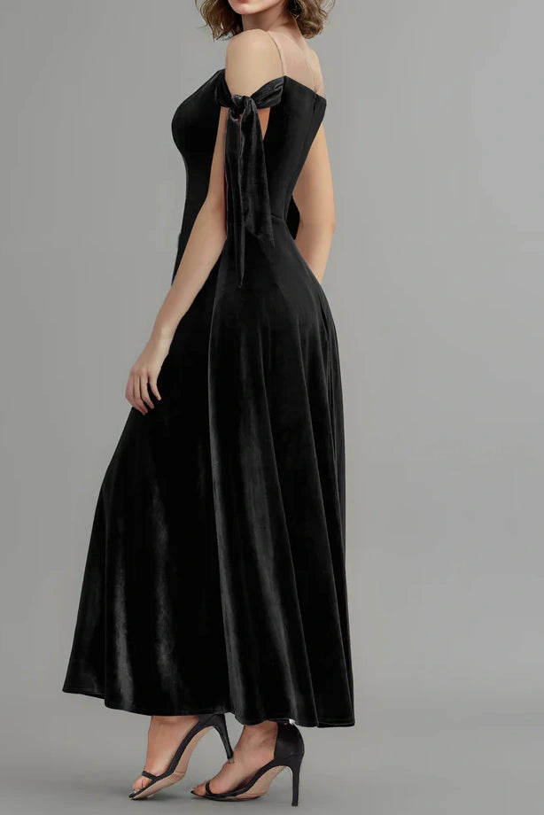 Velvet A-Line Sheer Round Empire Long Bridesmaid Dress