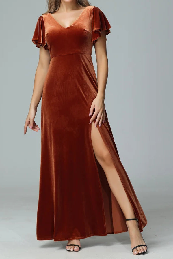 Velvet A-Line V-Neck Short Sleeves Empire Bridesmaid Dress