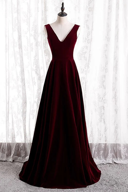 Velvet A-Line V-Neck Sleeveless Empire Long Bridesmaid Dress