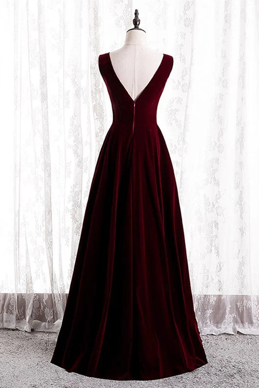 Velvet A-Line V-Neck Sleeveless Empire Long Bridesmaid Dress