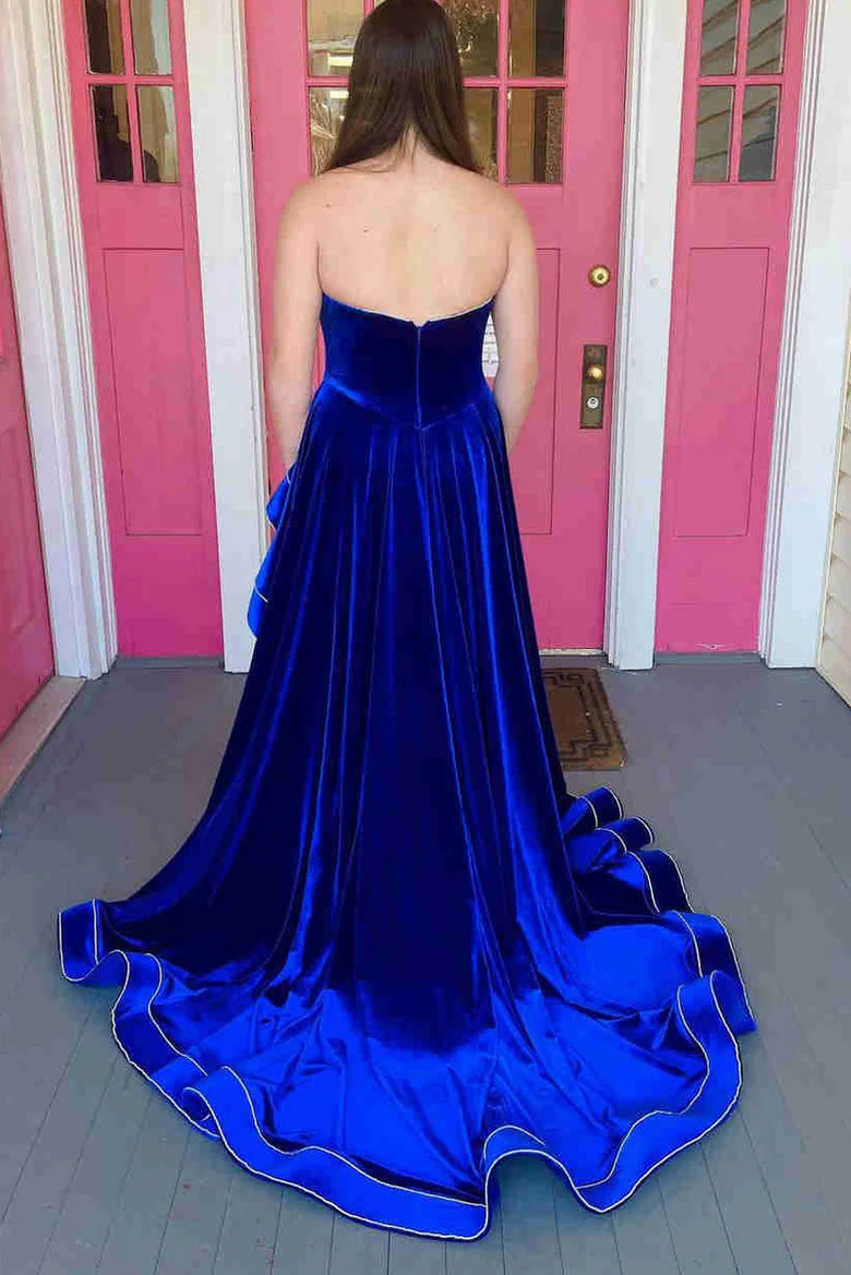 Velvet A-Line V-Neck Strapless Prom Dress With Slit