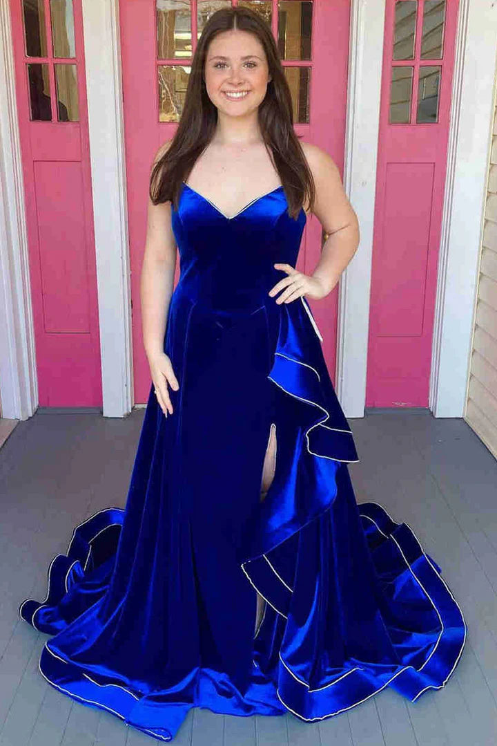 Velvet A-Line V-Neck Strapless Prom Dress With Slit