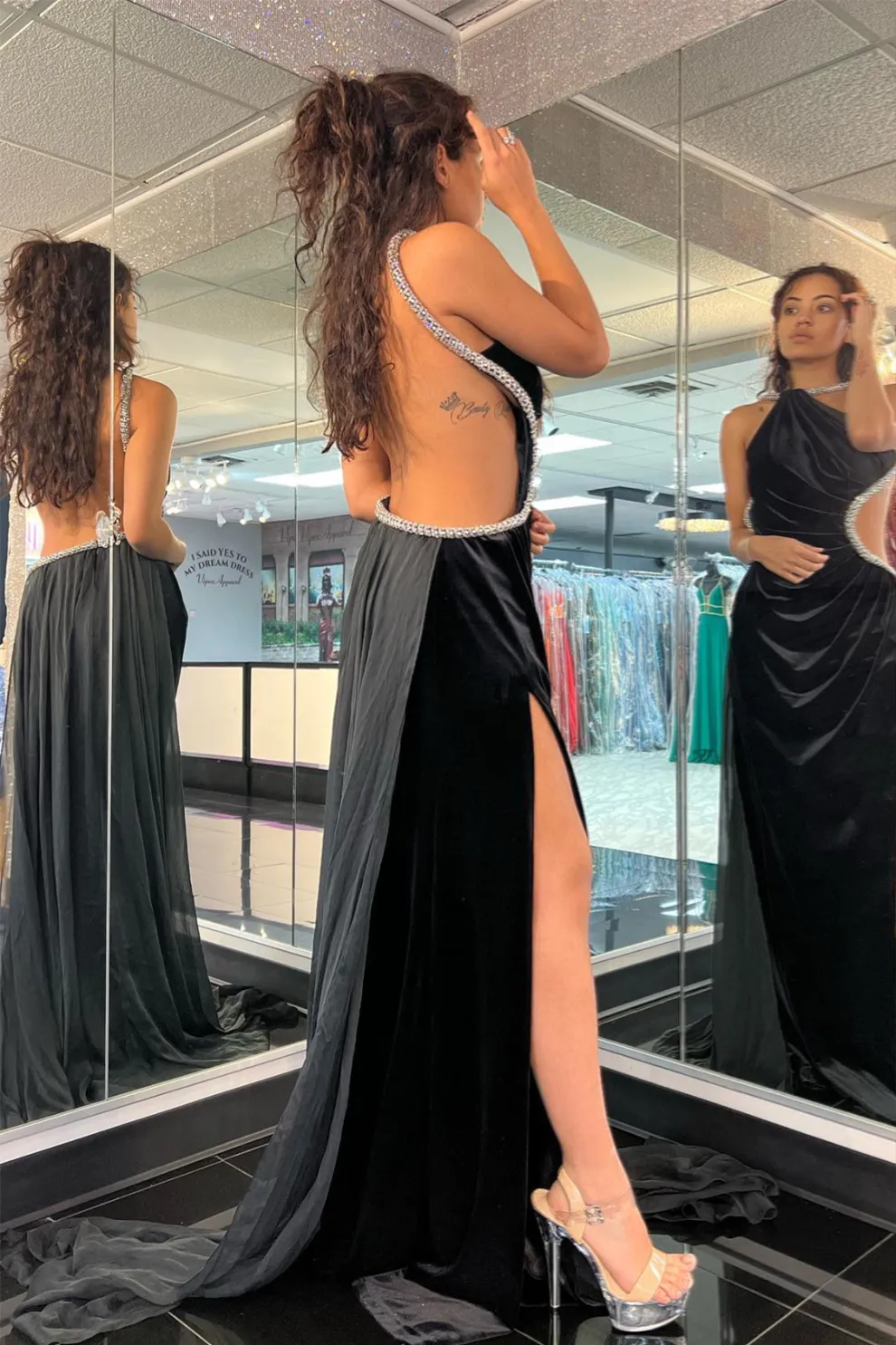 Velvet Halter Sleeveless Backless Black Formal Party Dress