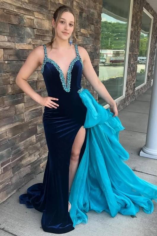 Velvet Mermaid Sleeveless Beaded Prom Dress With Slit And Train