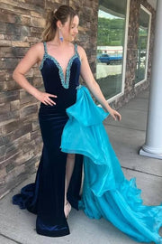 Velvet Mermaid Sleeveless Beaded Prom Dress With Slit And Train