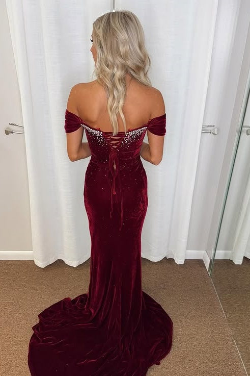 Velvet Off-Shoulder Beaded Mermaid Party Prom Dress With Slit