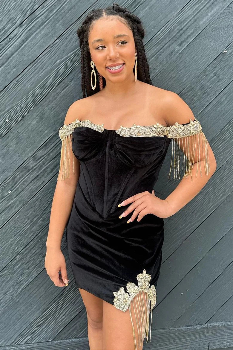 Velvet Off-Shoulder Sheath Beaded Homecoming Dress