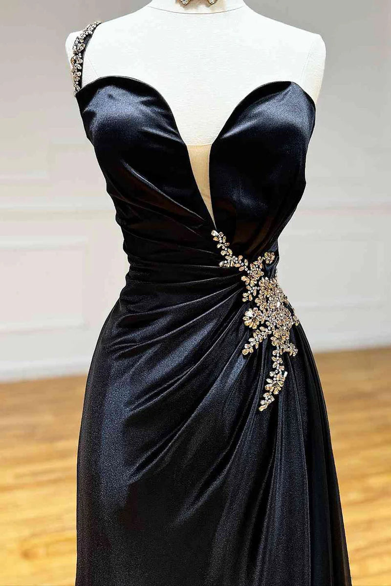 Velvet One Shoulder Sleeveless Empire Ruched Beaded Prom Dress