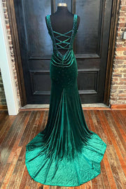 Velvet Trumpet V-Neck Sleeveless Beaded With Train Prom Dress