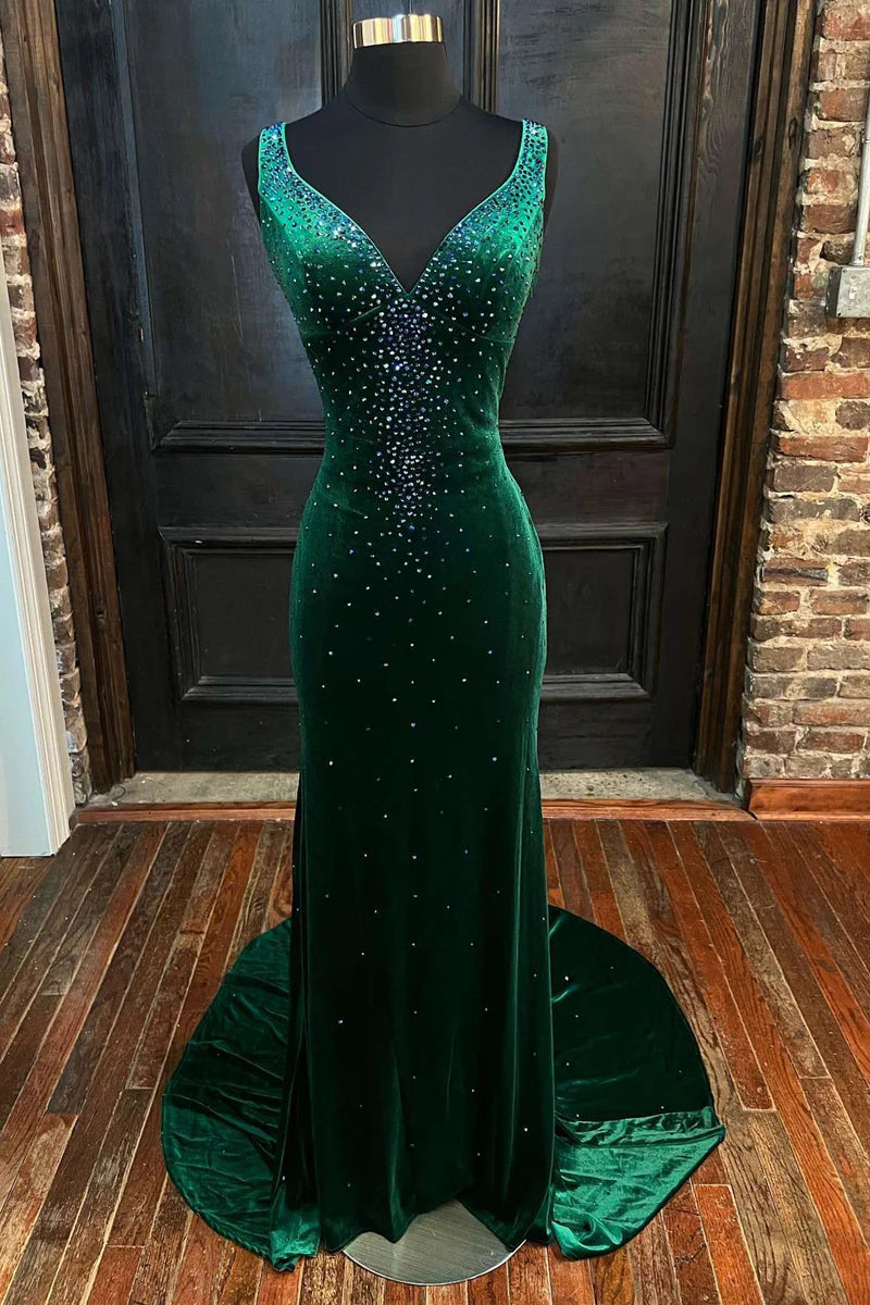 Velvet Trumpet V-Neck Sleeveless Beaded With Train Prom Dress