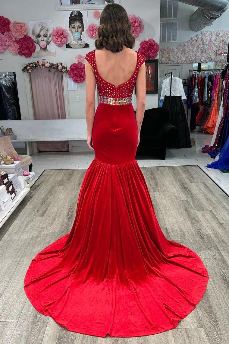 Velvet V-Neck Cap Sleeves Beaded Mermaid Formal Evening Dress